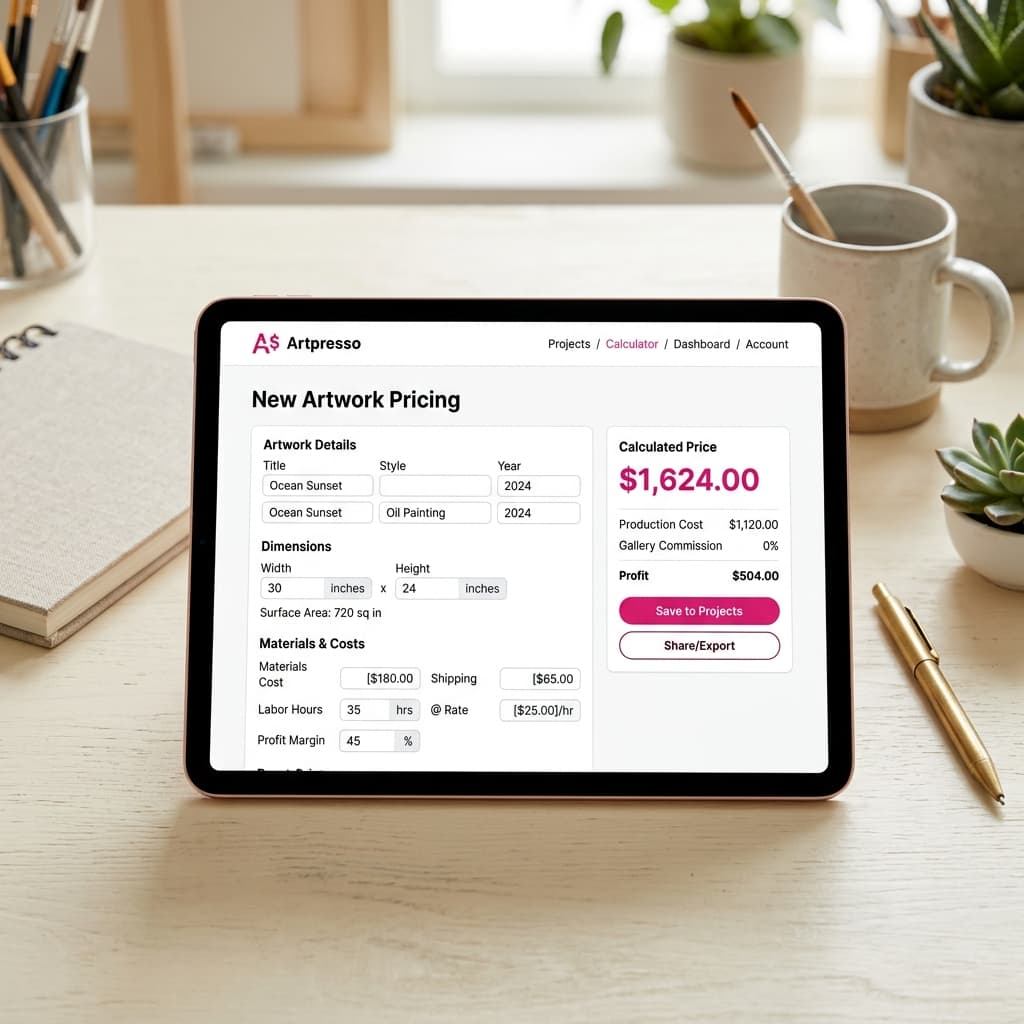 Artpresso artwork pricing tool shown on a tablet, displaying a pricing calculator with fields for artwork dimensions, materials, and a calculated result