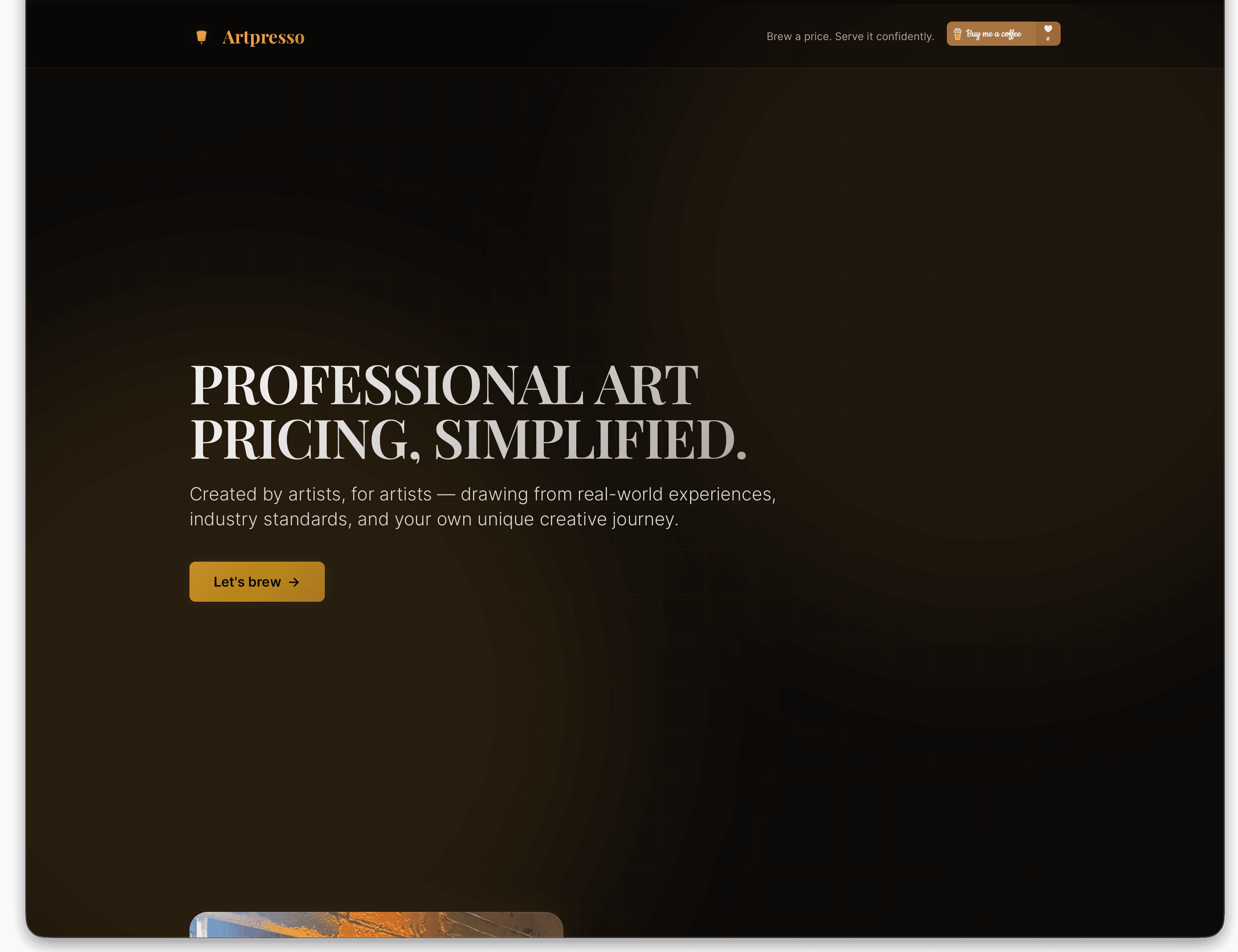 Artpresso artwork pricing tool shown on a tablet, displaying a pricing calculator with fields for artwork dimensions, materials, and a calculated result