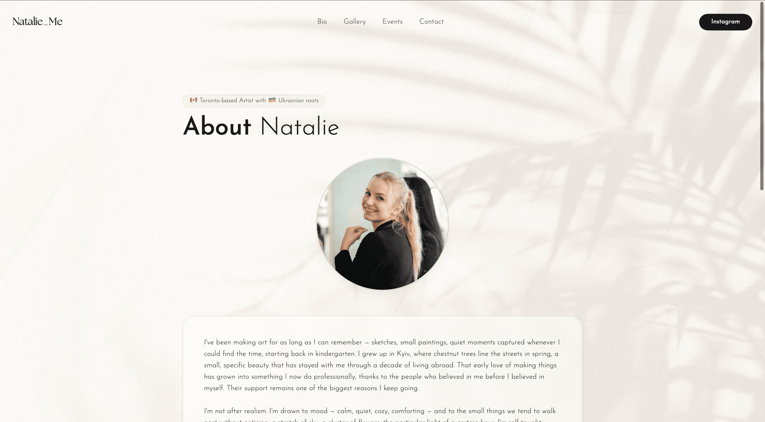 Natalie Me artist biography page showing personal narrative, heritage, and exhibition history