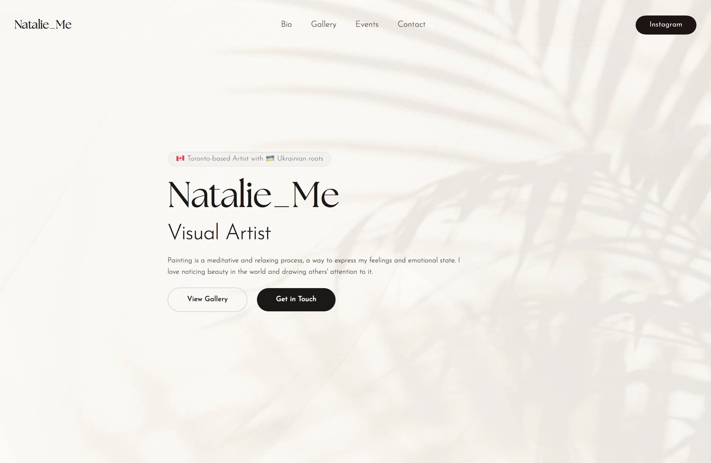 Natalie Me Art Portfolio cover interface showing the serene, editorial design language for visual artist Natalie Me