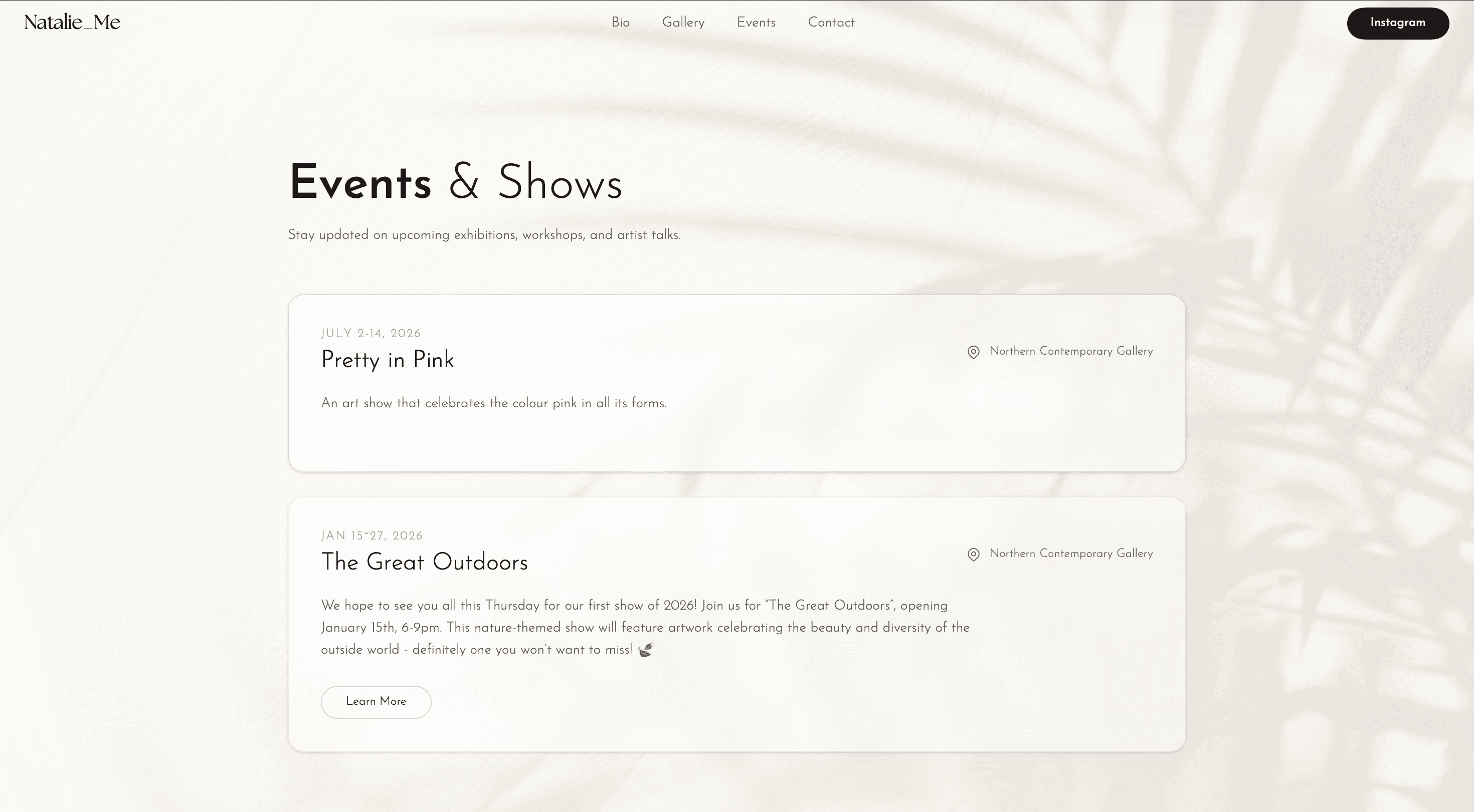 Natalie Me events and shows page detailing upcoming exhibition dates and venue locations