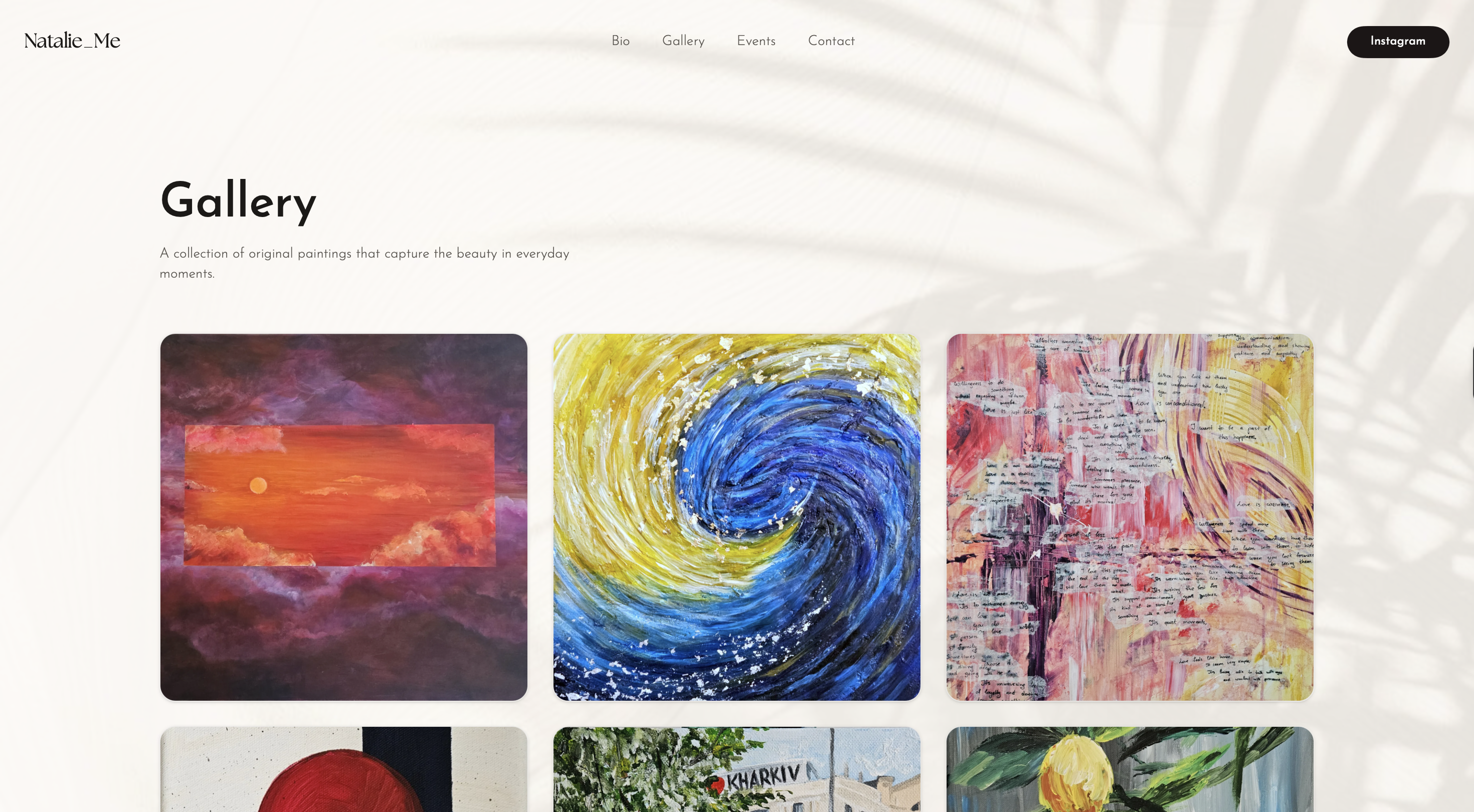 Natalie Me public gallery view displaying structured artwork cards with medium, year, and high resolution imagery