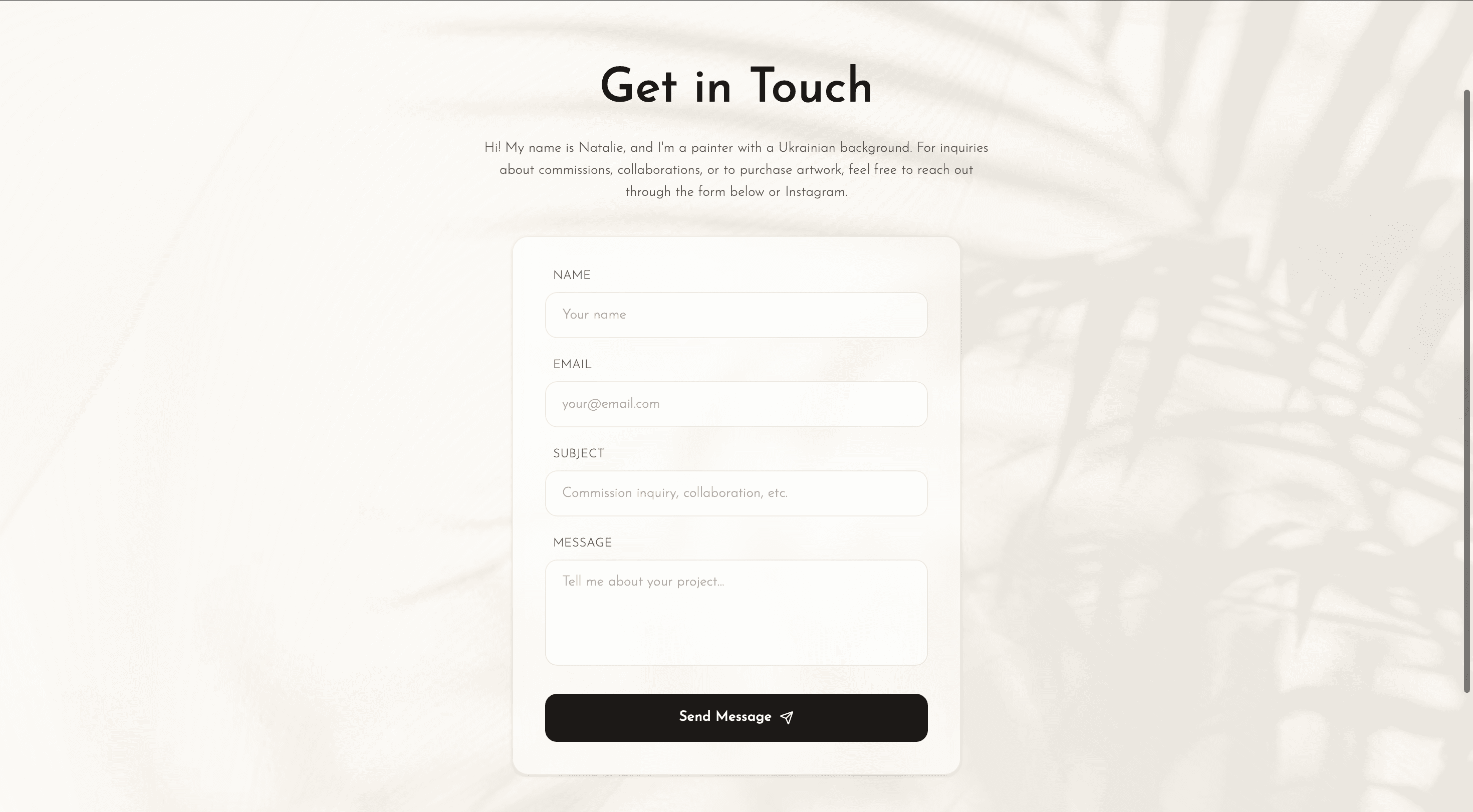 Natalie Me contact page showing inquiry pathways for commissions and artwork availability