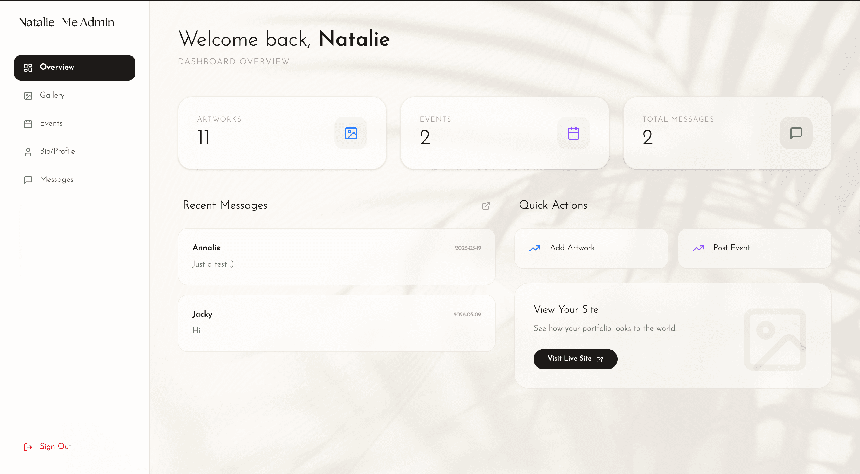 Private studio dashboard overview displaying artwork records, catalog metrics, and site management controls