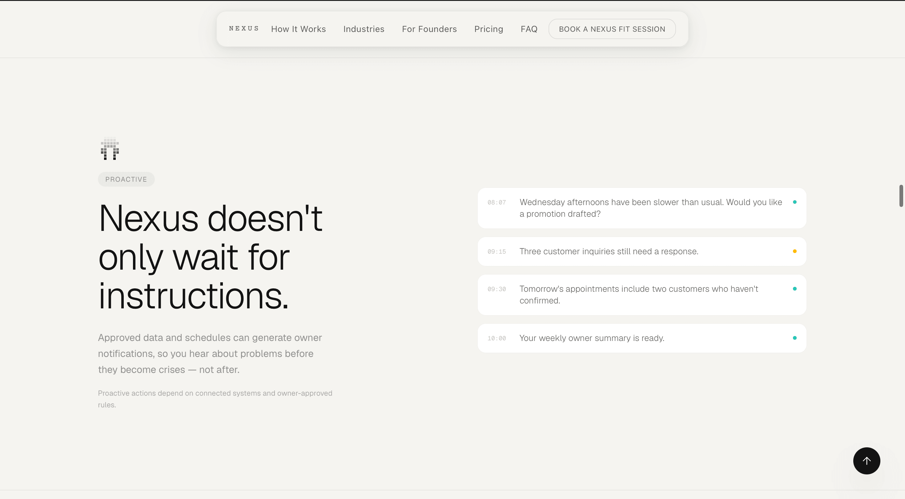 Trust and governance section of the Project Nexus website detailing data ownership, human approvals, and predictable monthly costs