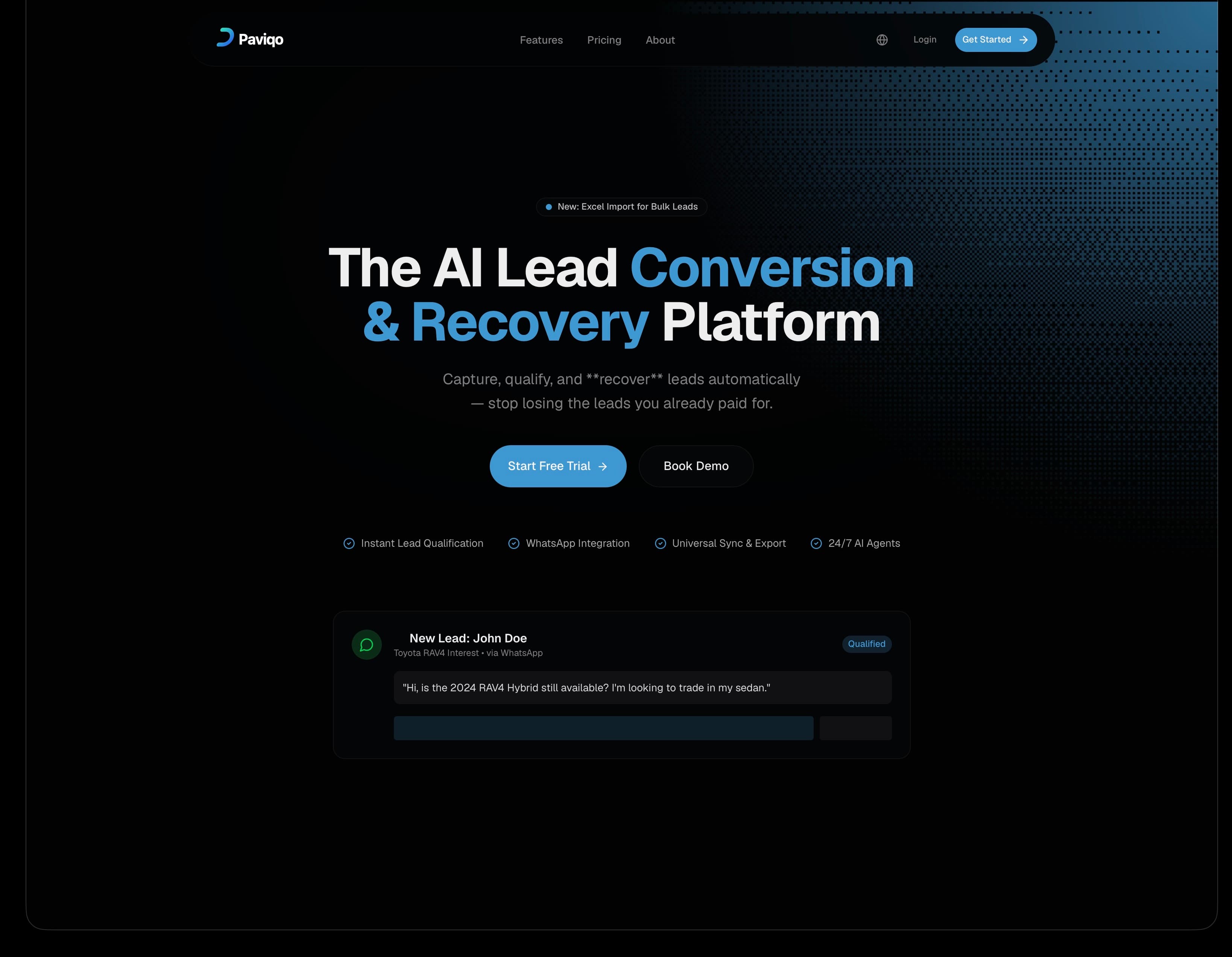 Paviqo AI-powered automotive lead management dashboard showing a lead pipeline with qualification stages