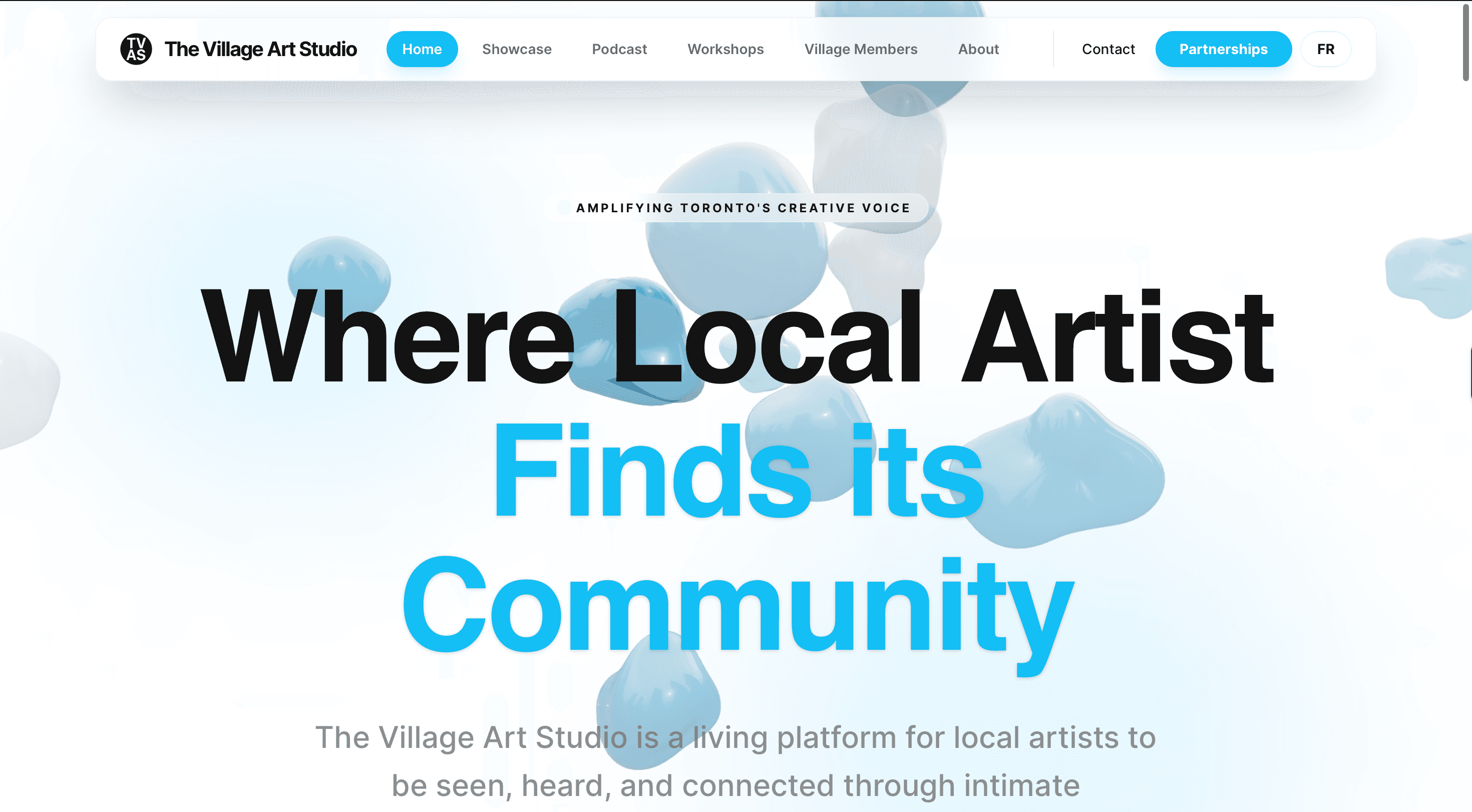 The Village Art Studio homepage hero interface