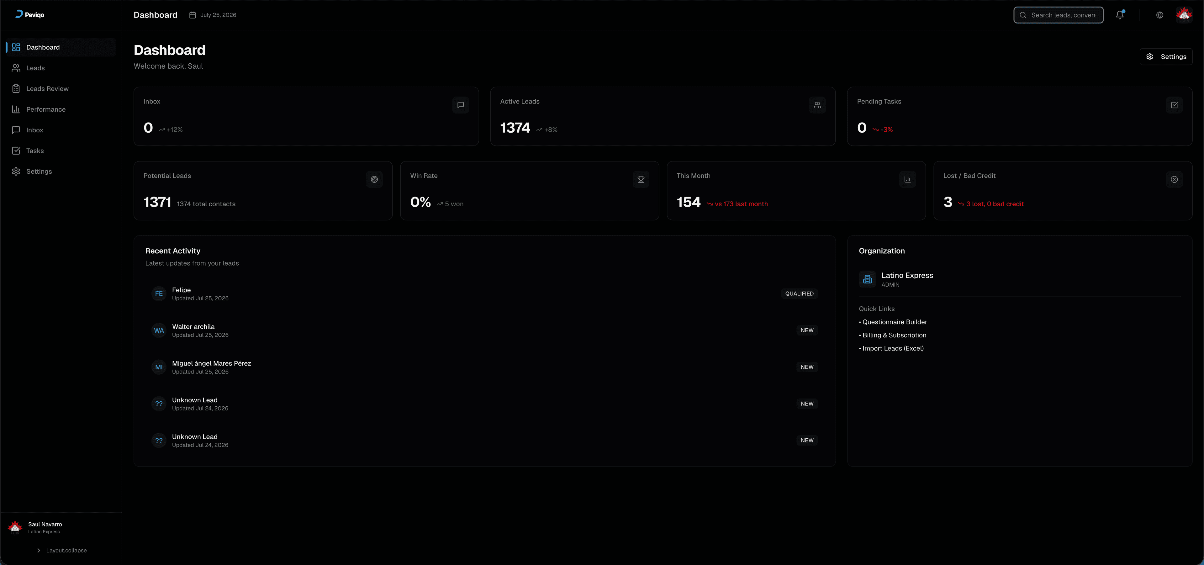 Paviqo lead management dashboard showing a pipeline of qualified leads